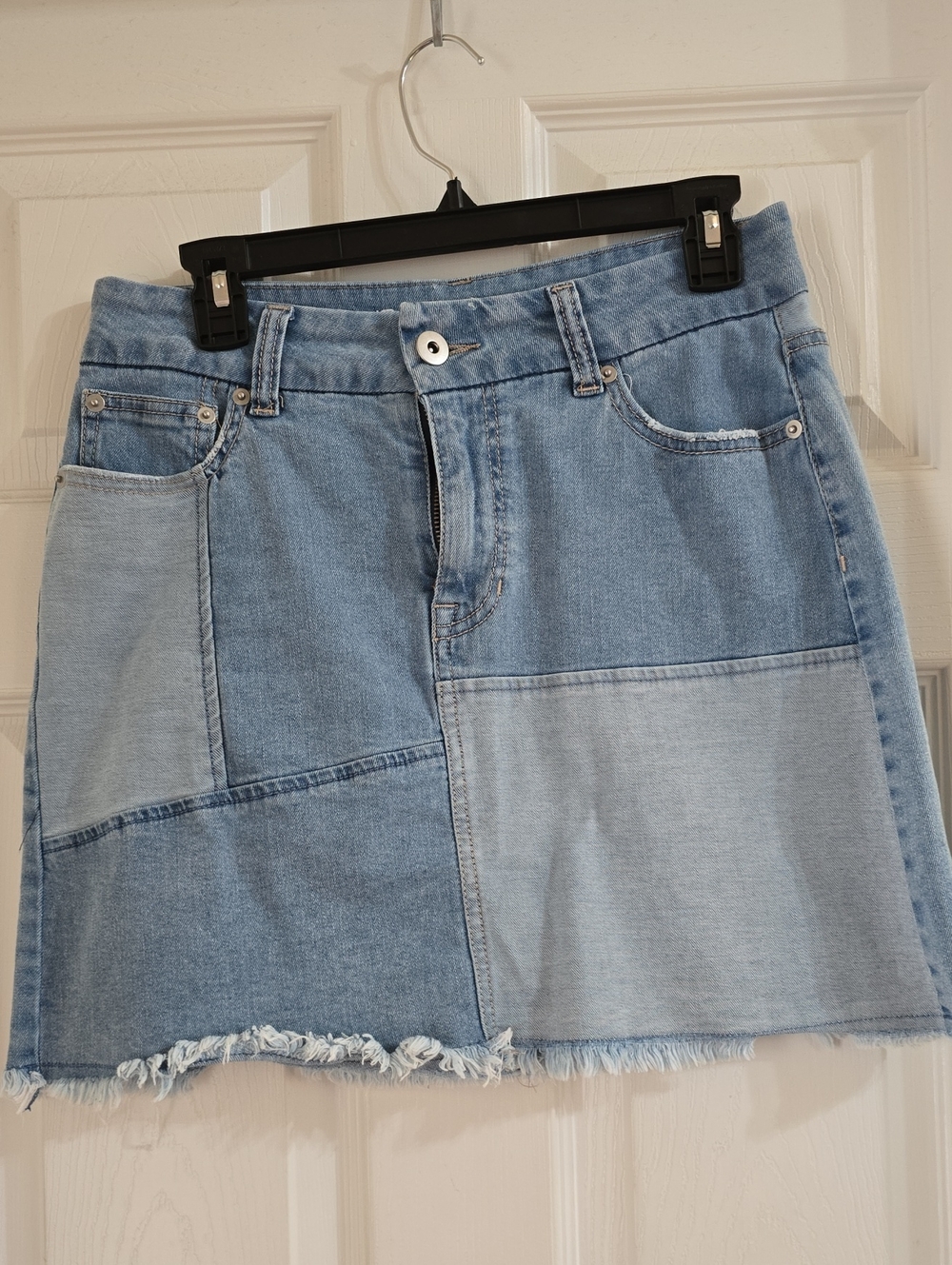 No Boundaries Patchwork Light Blue Denim Mini Skirt